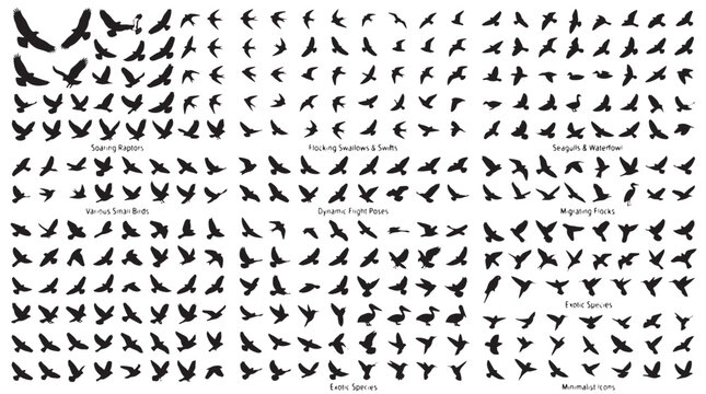 Flying bird silhouettes collection, soaring eagle and hawk vector set, migrating flock and exotic bird species icons for nature design