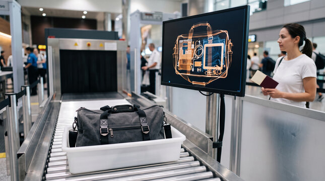 X-ray scan of a travel bag on a conveyor belt at airport security, showcasing technology and travel safety, representative of modern transit procedures