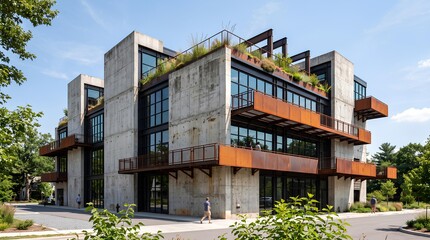 Fototapeta premium Modern concrete building featuring lush vertical gardens and rooftop vegetation.