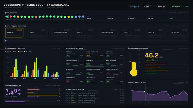 Explore the advanced DevSecOps Pipeline Security Dashboard featuring real-time CI/CD visualization, vulnerability assessment, and deployment risk metrics in a dark-mode interface.