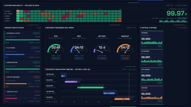 Explore a comprehensive Business Continuity and Disaster Recovery dashboard featuring animated gauges, real-time status updates, and a modern dark-mode design for effective data management.
