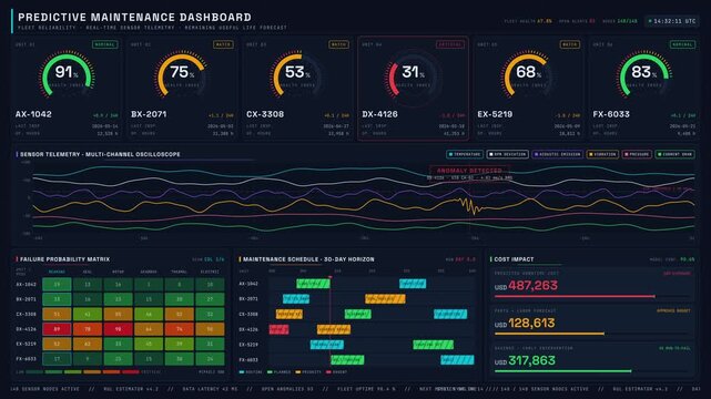 Explore a dark-mode predictive maintenance dashboard showcasing machine health scores, sensor data waveforms, and maintenance schedules with vibrant color coding and animations.