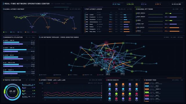 Explore a captivating real-time network operations center dashboard featuring a dark-mode interface with glowing network nodes and animated data visualizations on a deep space-black background.