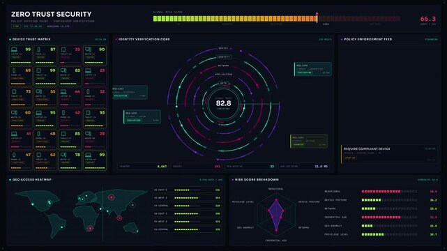 Explore a dynamic Zero Trust Security dashboard featuring animated identity verification rings and access request cards on a sleek dark-mode interface with vibrant color accents.