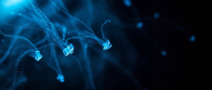 Abstract blue glowing crystals dissolving in water ink diffusion fluid motion slow.