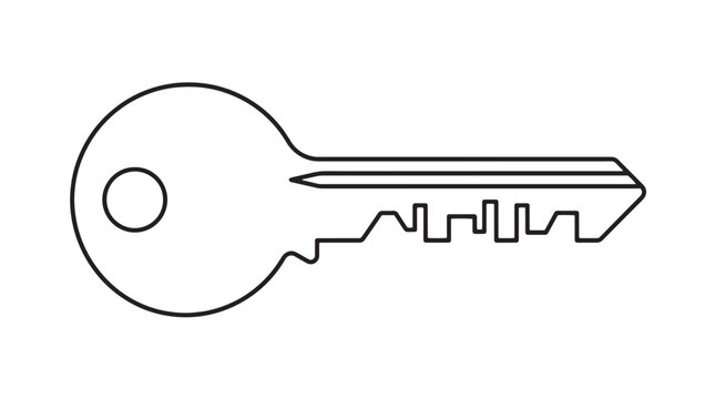Minimalist door key line art vector, simple house key outline icon, black and white metal key illustration for security and access concepts
