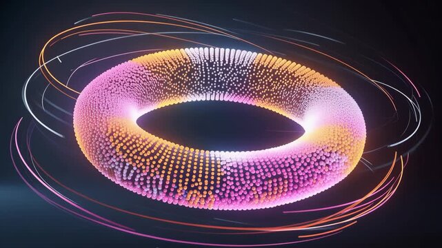 Dynamic vibrant toroidal shape pulsating with colorful particles animation for digital art and motion graphics