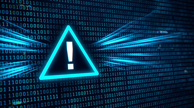 Digital binary code with a glowing blue warning sign, symbolizing data security, alert, and system error