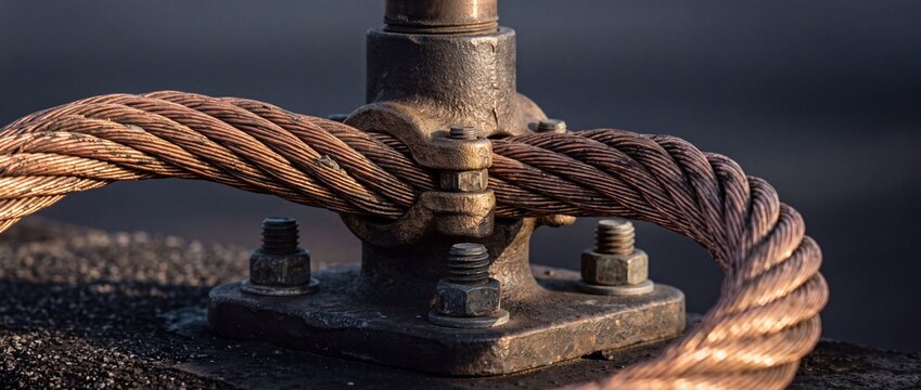 Heavy-duty copper wire cable on a metal clamp connection close-up industrial detail.