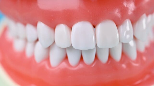 White beautiful straight tooth with correct bite on an artificial jaw
