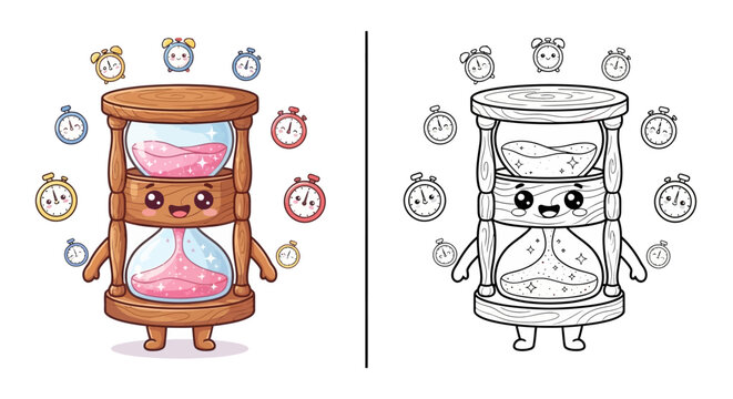 Cute kawaii hourglass character flowing sand time kids coloring worksheet vector