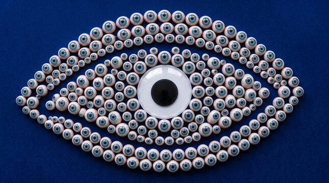 Array of artificial eyeballs arranged in an eye shape on a blue background, representing vigilance or observation