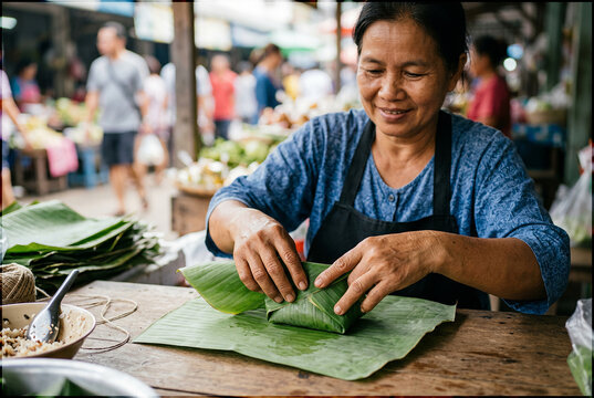 Southeast Asian Food Vendor Wrapping Traditional Snack in Banana Leaf