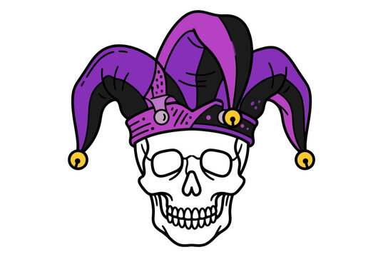 Skull Wearing a Purple Jester Hat with Bells Illustration for Dark Carnival and Gothic Apparel Designs