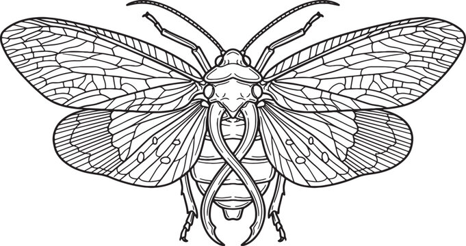 Massive Dobsonfly Top View Line Art Illustration with Mandibles