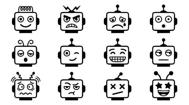 Twelve cute robot head icons showing different expressive human emotions
