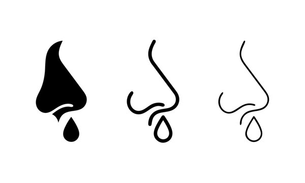 Nose silhouette and outline icon set with dripping liquid drop representing runny nose or allergy symptom