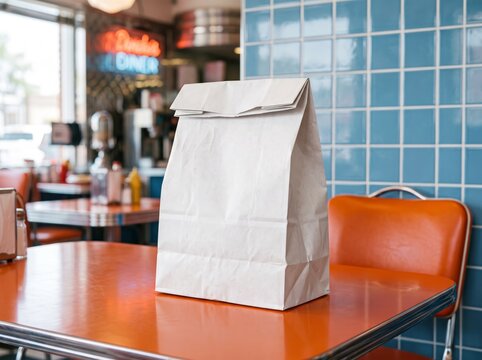 Blank kraft paper bag mockup on table with blurred colorful diner interior