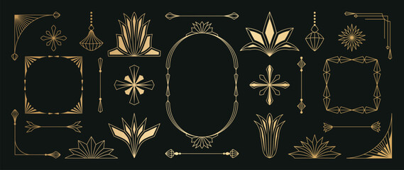 Obraz na płótnie Canvas Art Deco decorative elements set. Vector gold geometric frames, borders, corners, floral ornaments and vintage line decorations on black background for luxury invitations and branding