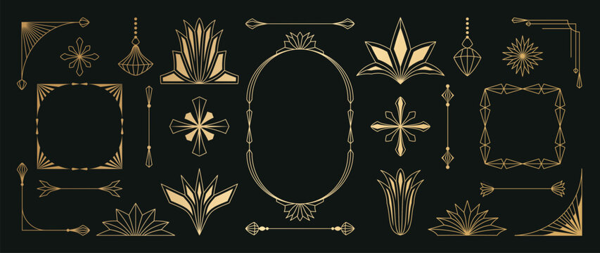 Art Deco decorative elements set. Vector gold geometric frames, borders, corners, floral ornaments and vintage line decorations on black background for luxury invitations and branding