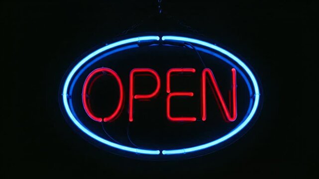 Neon open sign flickering and changing from red to blue in the dark