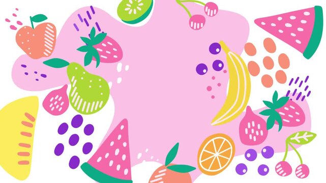 Playful cartoon fruit border with pink background and assorted fresh produce for summer design