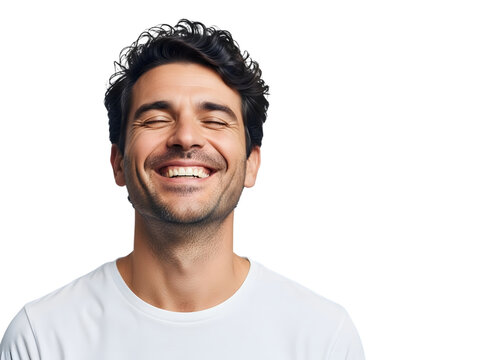 A portrait of a happy man with curly hair laughing with eyes closed tight
