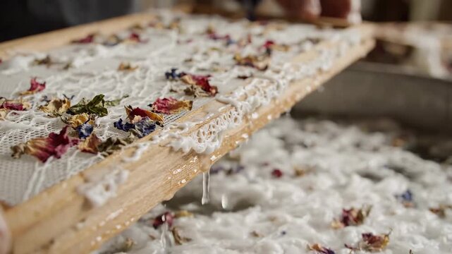 traditional artisan handmade paper making process with embedded colorful dried flower petals and plant fibers