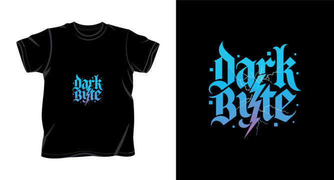 Dark byte gothic lettering with blue purple gradient and lightning bolt graphic for t-shirt design.