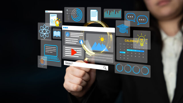 Innovative Business Professional Interacting with Digital Interface Screens and Virtual Data Analytics in Modern Workspace. Entropy.