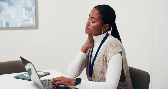 Woman, laptop and neck pain with injury in office for business stress, discomfort or muscle tension. Tired, female person or fatigue with computer or ache for fibromyalgia or bad posture in workplace