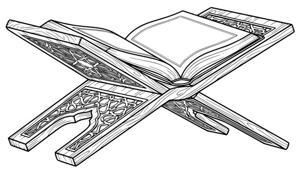 Islamic Rehal book stand with open Quran black ink outline vector