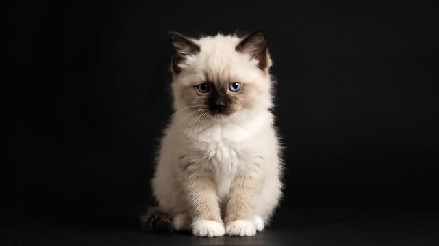 A cute little kitten sitting on black background tilting head and blinking eyes
