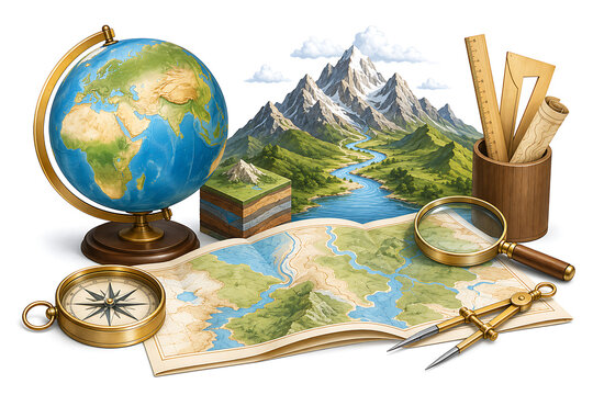 geography tools and globe still life, vintage geography tools, antique globe collection, cartography still life, geographical exploration concept, world globe and compass, antique map accessories, car