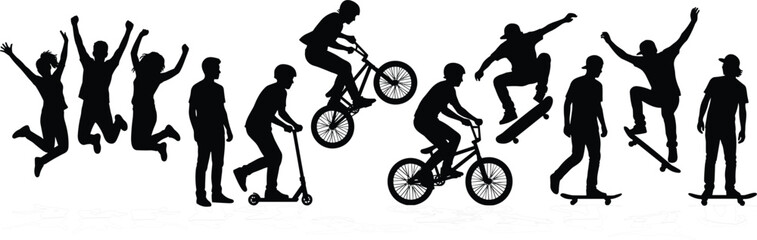Fototapeta premium Extreme sports youth lifestyle vector illustration with teens jumping riding skateboards bicycles and push scooters active silhouettes