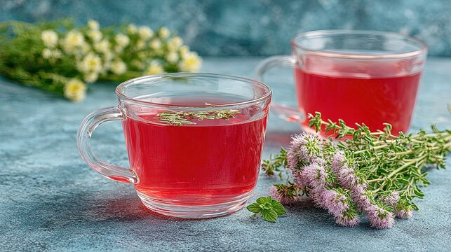 Two glass cups filled with red herbal tea alongside fresh blooming thyme and chamomile flowers