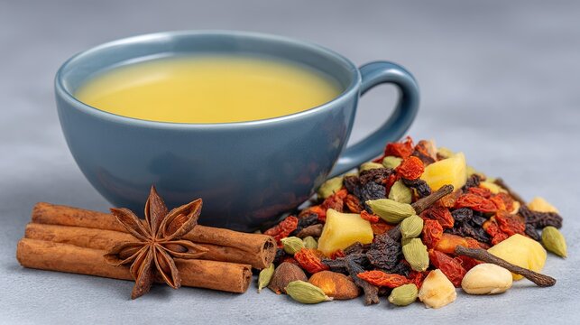 A blue cup filled with hot herbal tea alongside cinnamon sticks and spices