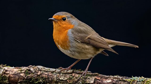 European robin perches on a branch and turns its head in the studio
