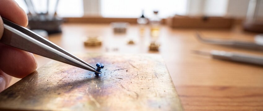 Precision tweezers holding small blue screw on golden work block in traditional watchmaker studio.