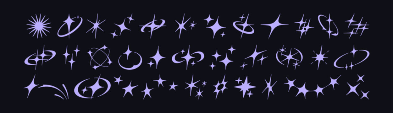 Star light symbols, sparkle icons. Magic star symbols set. Light elements, flash, spark, bling ornaments, decorations. Simple sparkles, shine, glitter and glow effects. Vector graphic illustrations