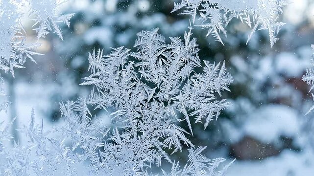 Macro timelapse of frost crystals growing and spreading across glass window during winter cold