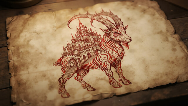 Mythological goat with mechanical parts on an ancient map, brown and gold tones, symbol of magic and ancient legends, fantasy art