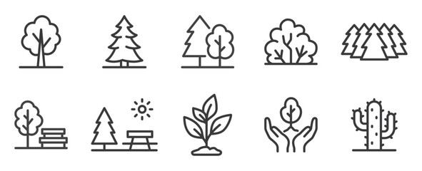 Fototapeta premium Forest line icon set. Tree, pine, woodland, bush, park bench, picnic table, seedling, conservation, cactus linear minimal vector illustration. Simple outline signs. Editable Stroke pictogram.