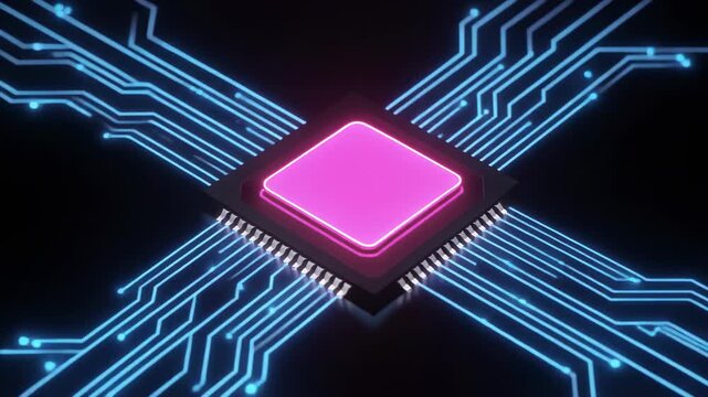 Central processing unit expanding with glowing circuits against dark background in cinematic motion