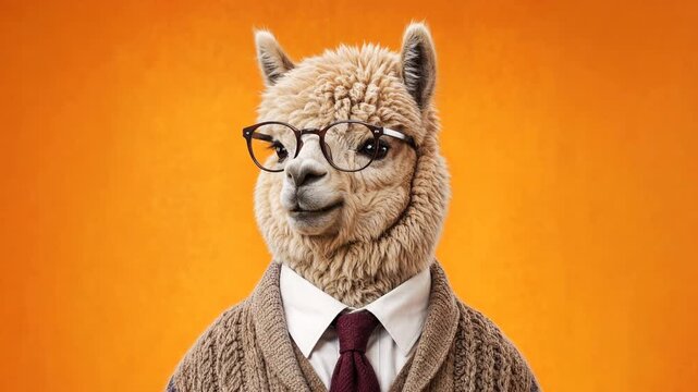 Funny alpaca male chartoon character professor wearing glasses, a shirt, tie, and cardigan, winking at the camera