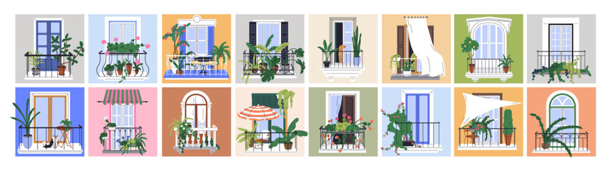 Naklejka premium Balconies with windows and glass doors in house buildings. Open balconies at home buildings with plants, railing. House architecture, cozy home facade, exterior, front view. Flat vector illustrations