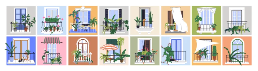 Balconies with windows and glass doors in house buildings. Open balconies at home buildings with plants, railing. House architecture, cozy home facade, exterior, front view. Flat vector illustrations © Good Studio