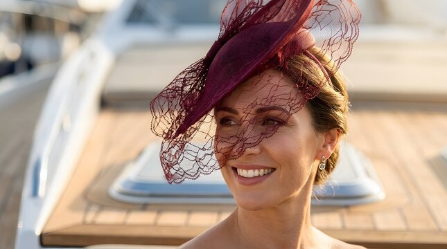 A sophisticated woman wearing a stylish burgundy fascinator hat on a boat deck.