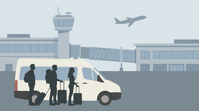 Airport transfer scene with passengers, shuttle van, terminal, and airplane