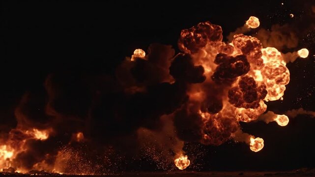 Dramatic slow motion explosion and fire blast with flying debris across black background